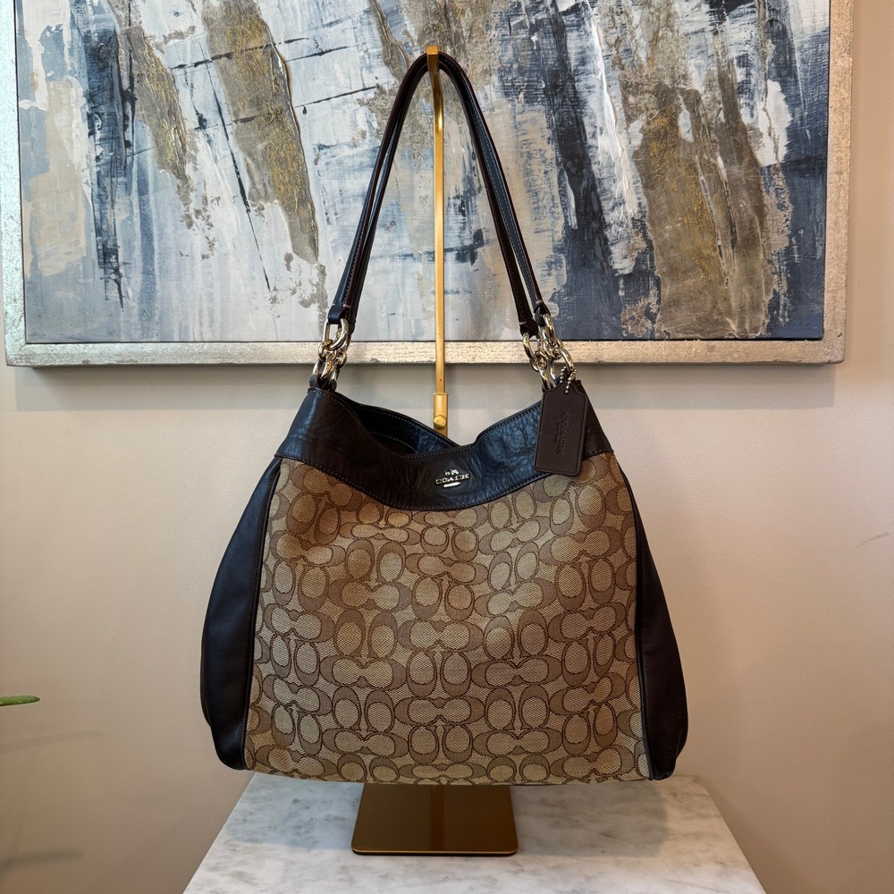 Coach Lexy Shoulder Bag Signature Jacquard Canvas Leather Khaki Brown F57612 EUC